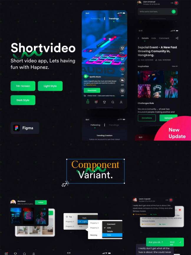 高级短视频应用+短视频社交APP UI设计套件、UI资源figma源文件