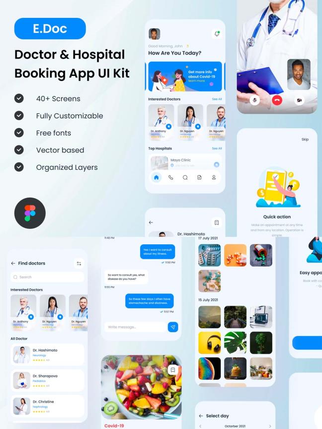 在线医疗UI设计、医院预约挂号app UI资源素材figma源文件