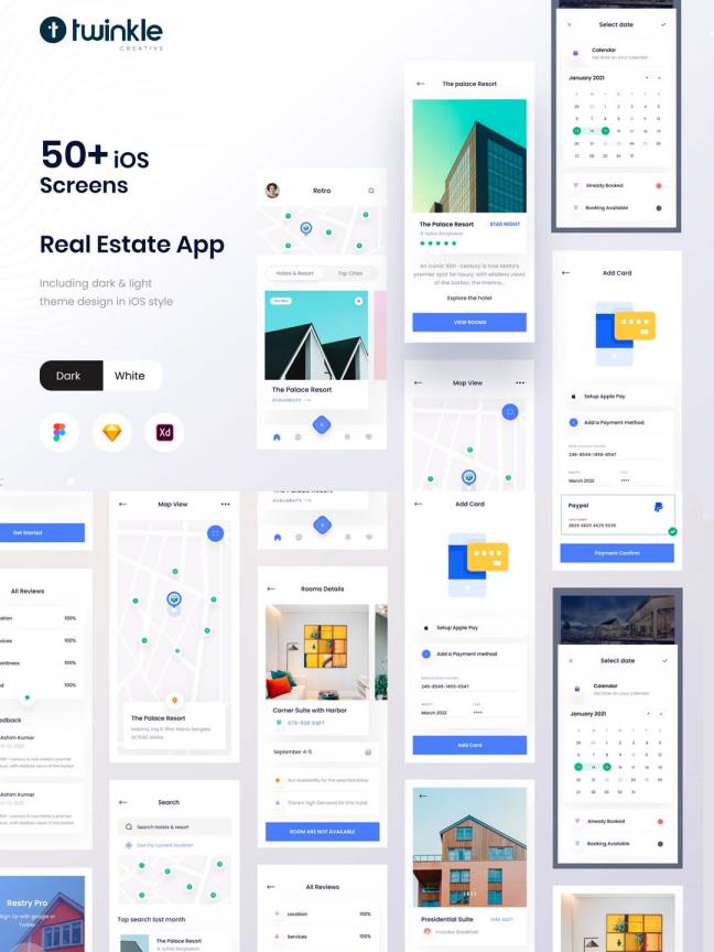 50页适房产房屋租赁UI设计sketch，xd，figma源文件