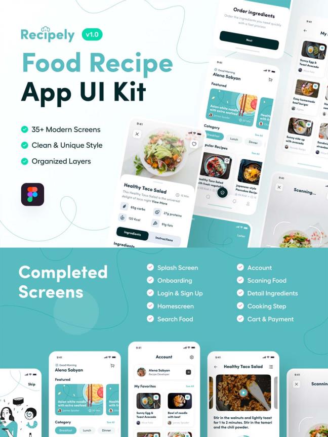 35页简约清新的食谱/美食app UI资源素材figma源文件下载