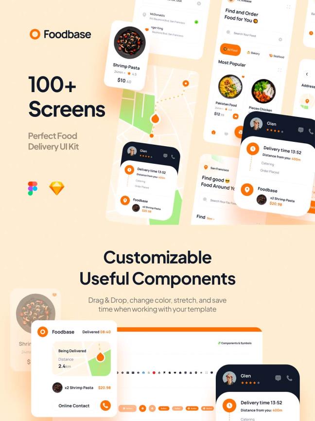 108页小清新风格美食外卖、食品配送app ui资源xd、figma、sketch源文件