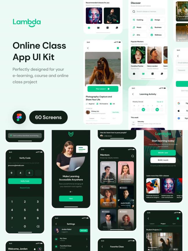60页全新绿色简约风格的在线教育、学习app UI素材figma源文件