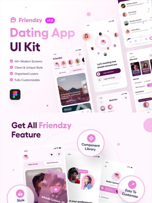 40页社交恋爱app、陌生人匹配、交友APP UI资源套件figma源文件