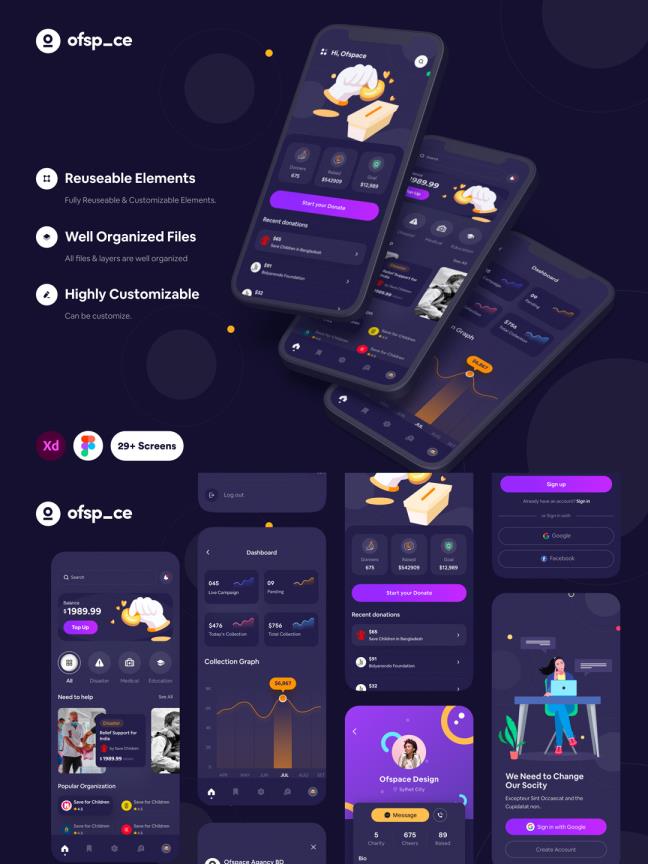 一套众筹app UI界面设计资源工具包figma、xd源文件