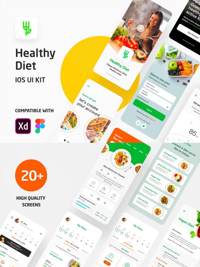 健康美食app UI资源饮食计划UI界面设计套件xd,fig源文件