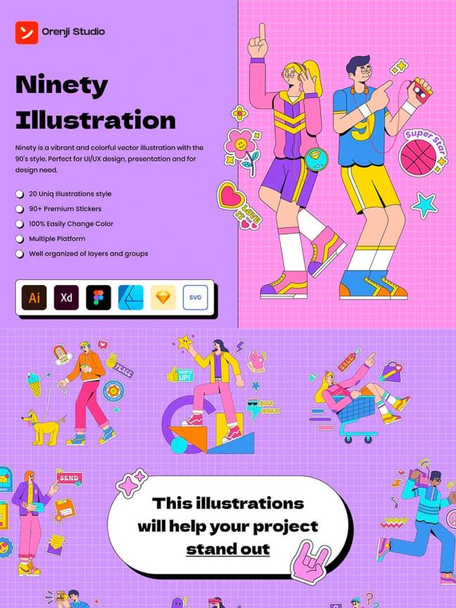 90年代贴纸场景插画，流行复古风插画套装（含 ai,xd,fig,sketch,svg,afdesign）