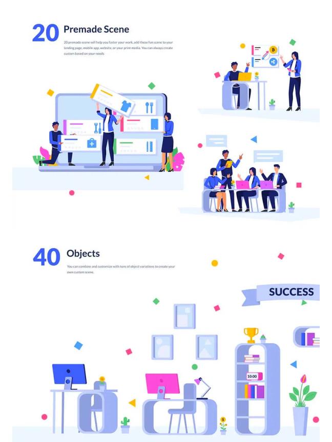 适合B端应用场景的偏商务办公场景2D插画库资源素材含有ai,xd,fig,sketch,svg文件