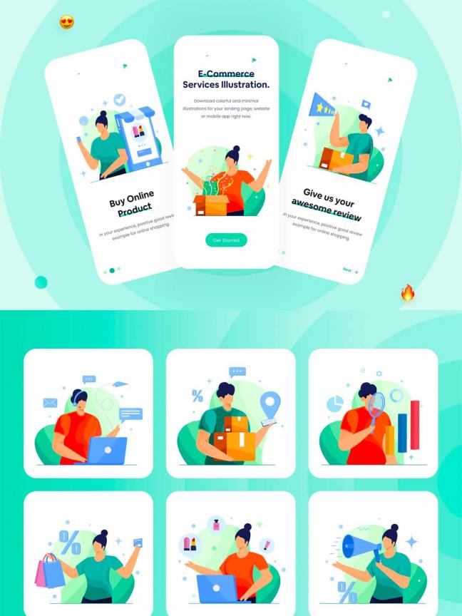 一套适用于电商场景、B端产品运营场景的矢量插画套件包含ai,eps,fig,svg源文件