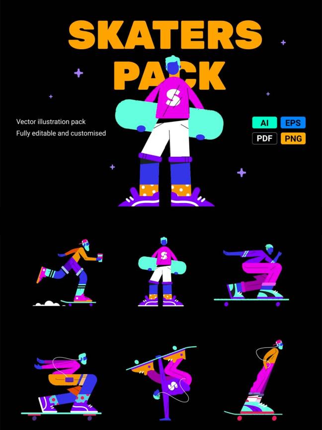 嘻哈风霓虹滑板运动员人物插画套装矢量ai源文件素材下载
