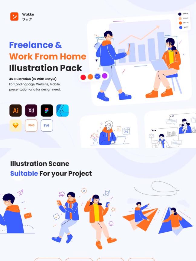 一套居家办公主题和自由职业工作主题的运营插画素材包ai,xd,fig,sketch源文件