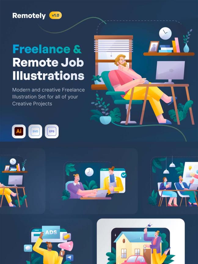 一套远程办公主题、居家办公主题自由职业者矢量插画素材包ai源文件
