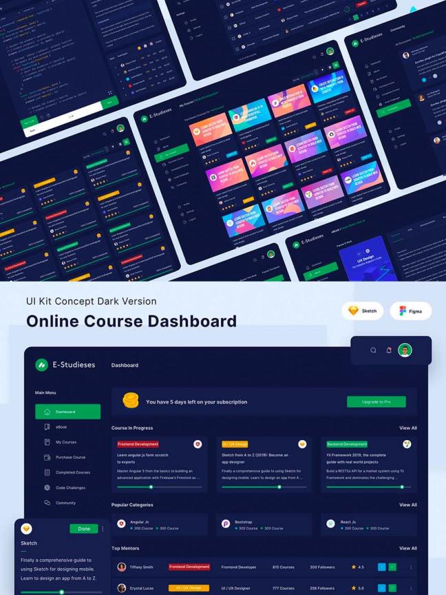 在线教育产品后台管理dashboard应用界面暗色模式UI素材模板fig,sketch源文件