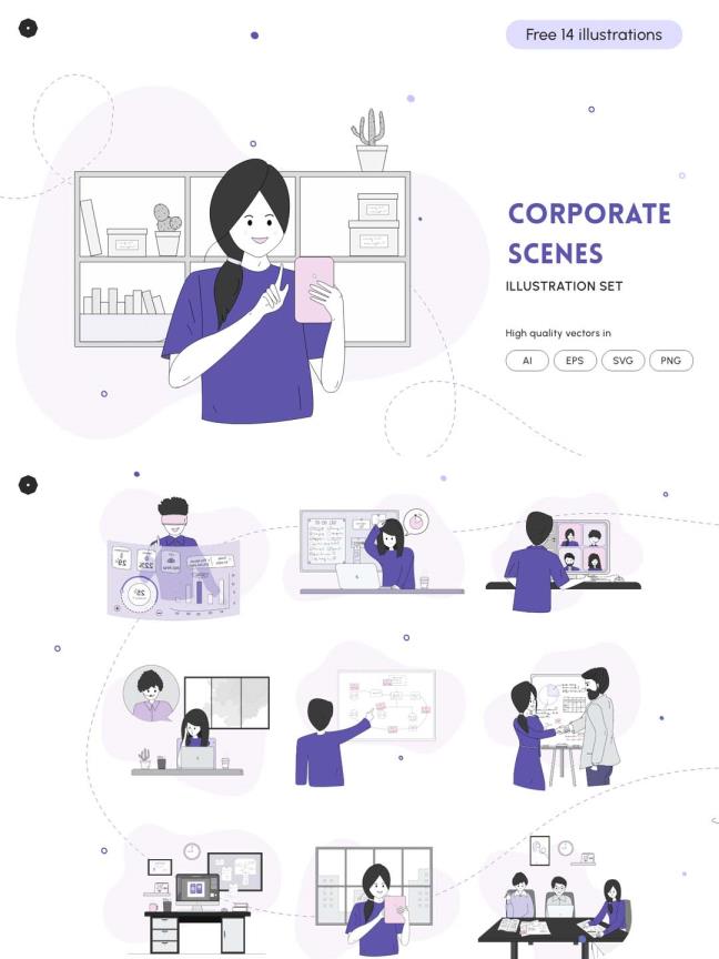 一组 14 张专业而可爱的插画，描绘了日常的公司场景