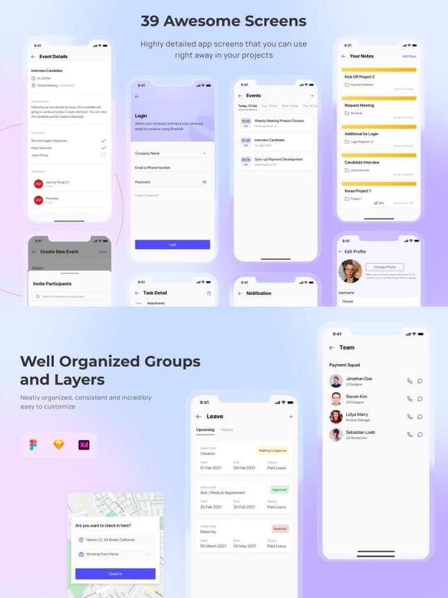 轻量简约的HR人事管理工具app UI资源，B端人事管理app UI源文件