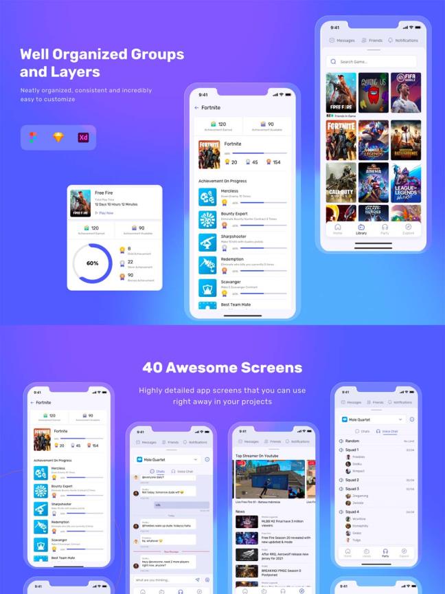 游戏社交+游戏聊天陪玩app UI资源UI界面设计 fig,sketch,xd三端源文件下载