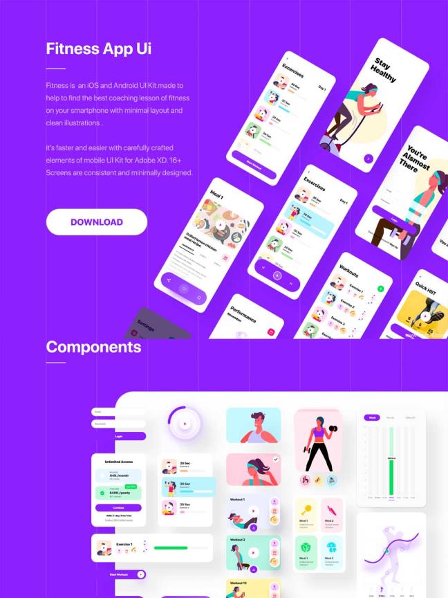 精品插画风格娱乐健身app UI界面设计套件UI kit xd源文件