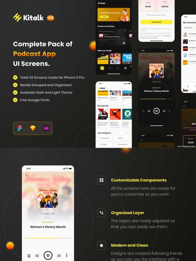 一套轻量简约的网络播客app ui设计sketch、figma、xd源文件