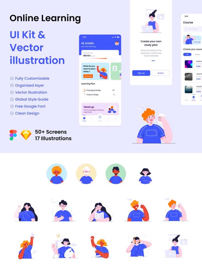 在线学习App。包括 50 多页和矢量插图。Figma, Sketch 文件