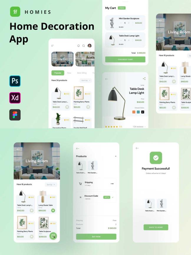 高端家具商城app UI界面设计套件，家具电商UI设计psd源文件