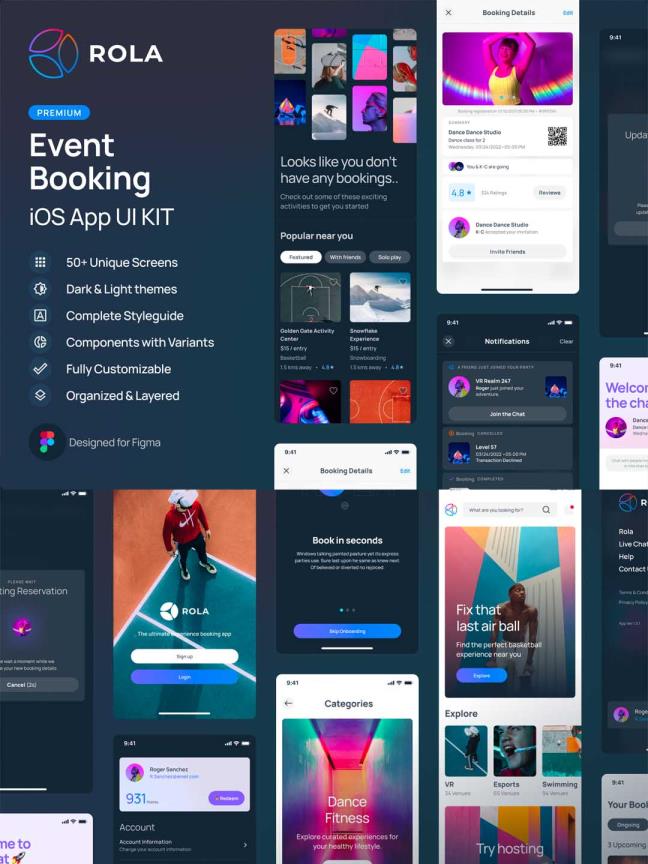 是一种优质的生活方式、位置或活动体验预订 iOS UI 套件，具有 50 多个精心设计的页面