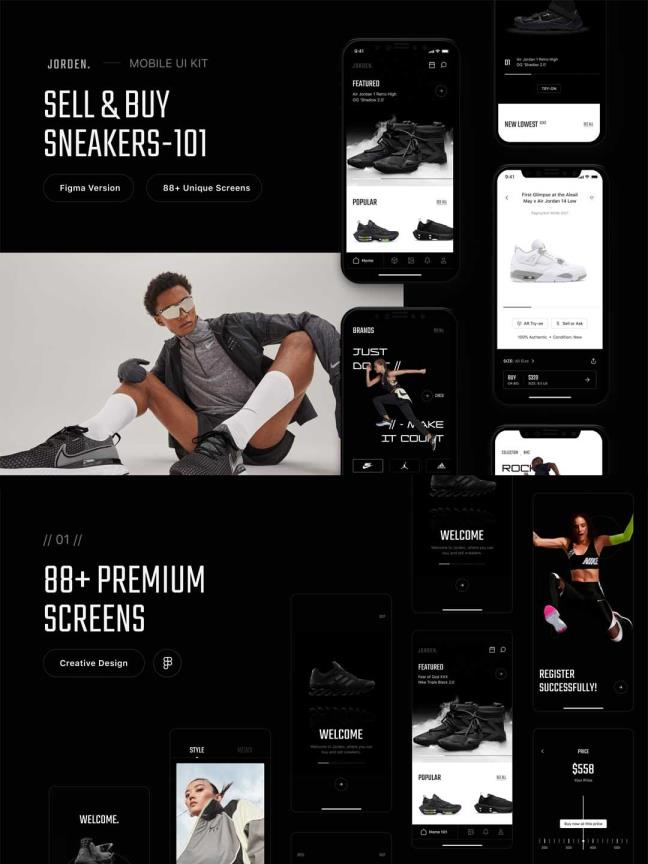 一套酷炫潮牌运动鞋电商app UI界面设计figma源文件UI资源素材