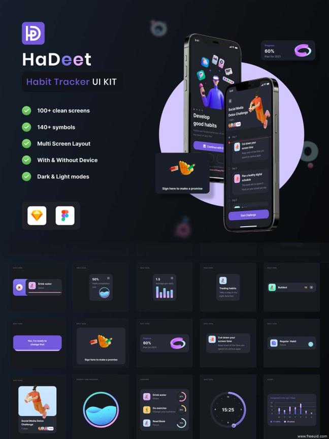 100页习惯跟踪UI界面明暗设计sigma，sketch源文件