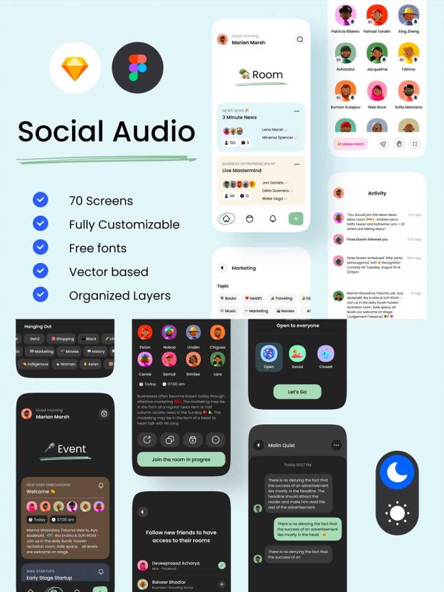 语音社交app ui源文件，年轻人语聊社交UI设计仿clubhouse ui界面源文件下载