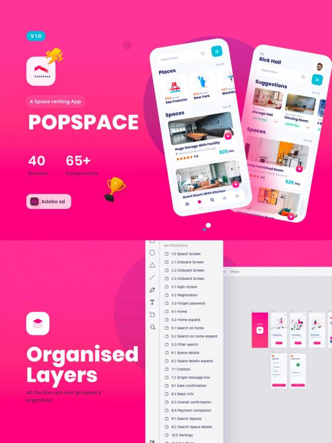 40页办公场地租赁，房屋租赁app UI源文件素材下载xd源文件