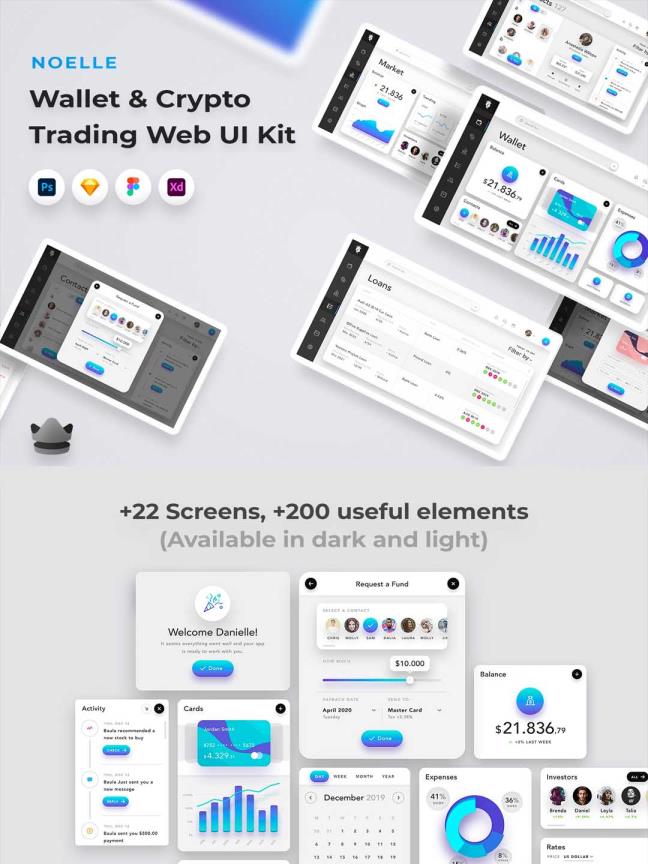 22页高端轻质感，B端后台钱包/加密货币/金融后台新拟物UI设计Figma、Sketch、XD、PSD源文件