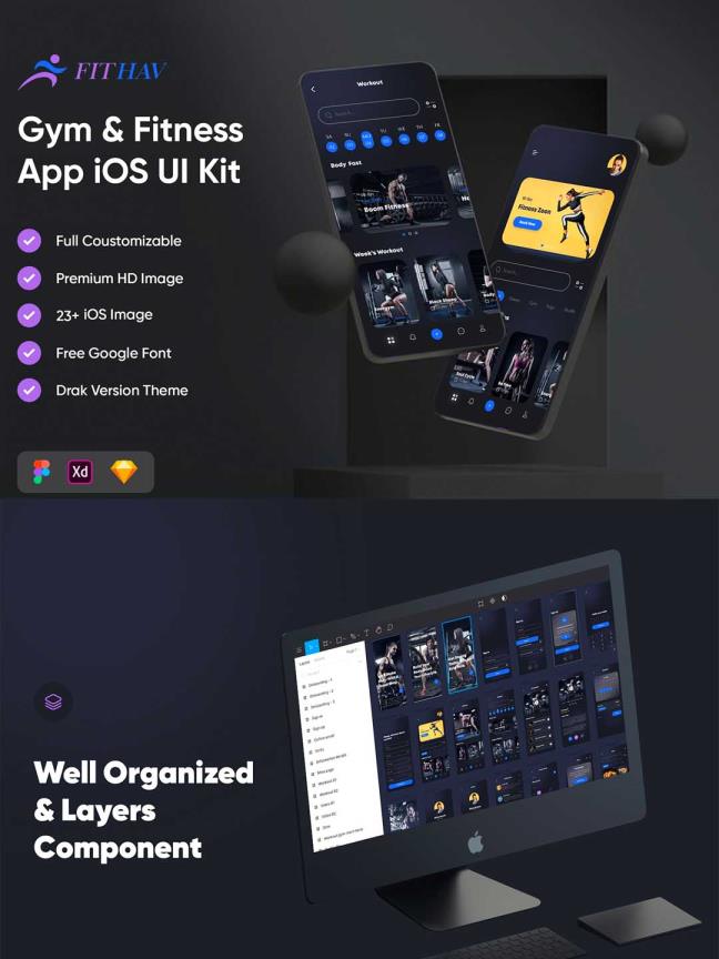 23页酷黑健身，健身房app UI界面sketch，xd，figma源文件