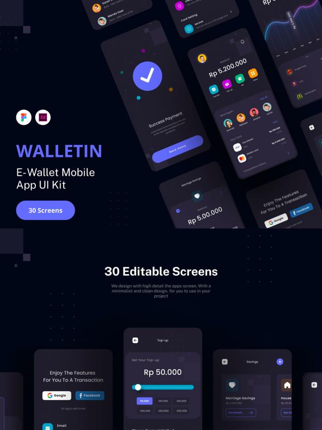 30页精美暗色风电子钱包app UI界面figma，xd源文件
