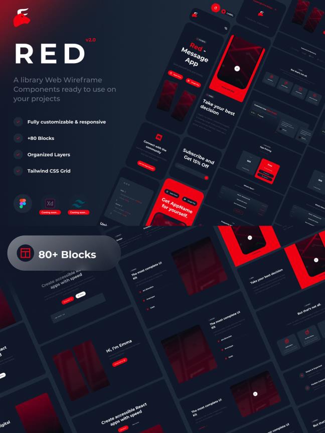 一套暗色系+红色超级网页线框图，web原型图UI kit套件figma源文件下载