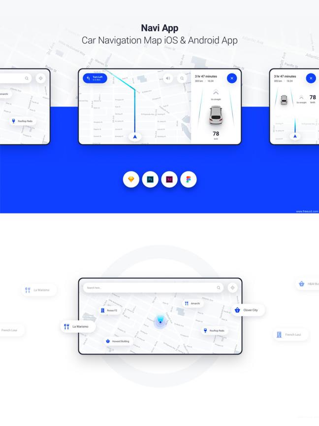 车载中控UI界面设计源文件，智能汽车导航UI源文件，车机系统导航UI界面源文件