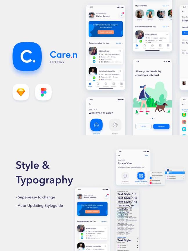 90页社区服务，老人，宠物，儿童护理app设计sketch,figma源文件