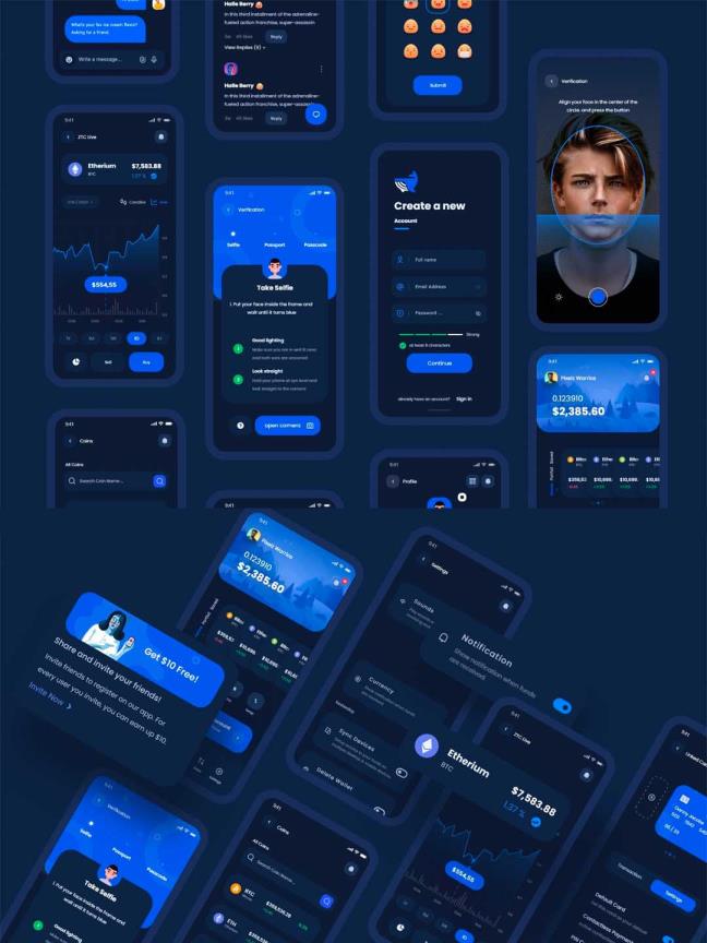 80页加密货币app ui源文件下载，比特币交易所UI素材下载xd源文件
