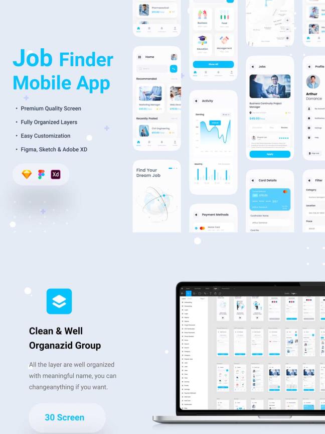 精品招聘、求职app ui界面原文件，job ui资源下载包含xd、sketch、fig三套源文件