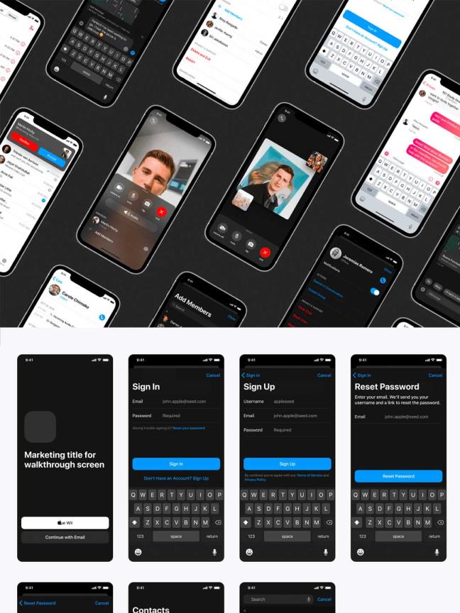 iOS原生系统UI在线会议app ui源文件下载，在线视频聊天app ui素材源文件，sketch源文件下载