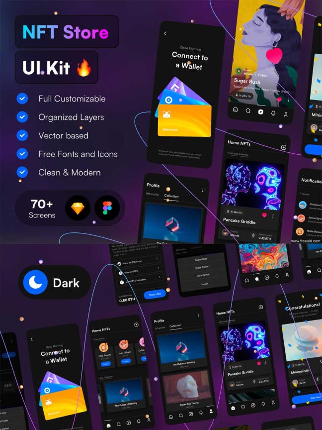 一套NFT交易平台APP ui源文件下载，NFT市场APP ui资源下载，区块链交易平台UI素材下载