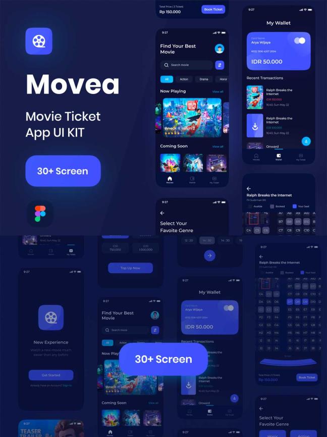 30页暗电影票在线购买UI界面设计figma素材