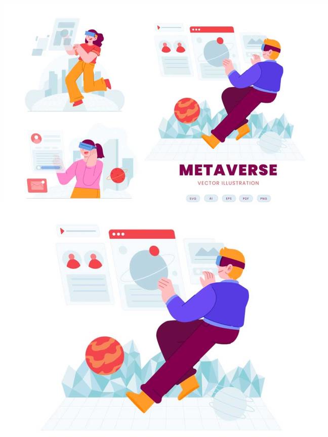 一套数字3D元宇宙相关的扁平概念运营插画资源素材ai源文件
