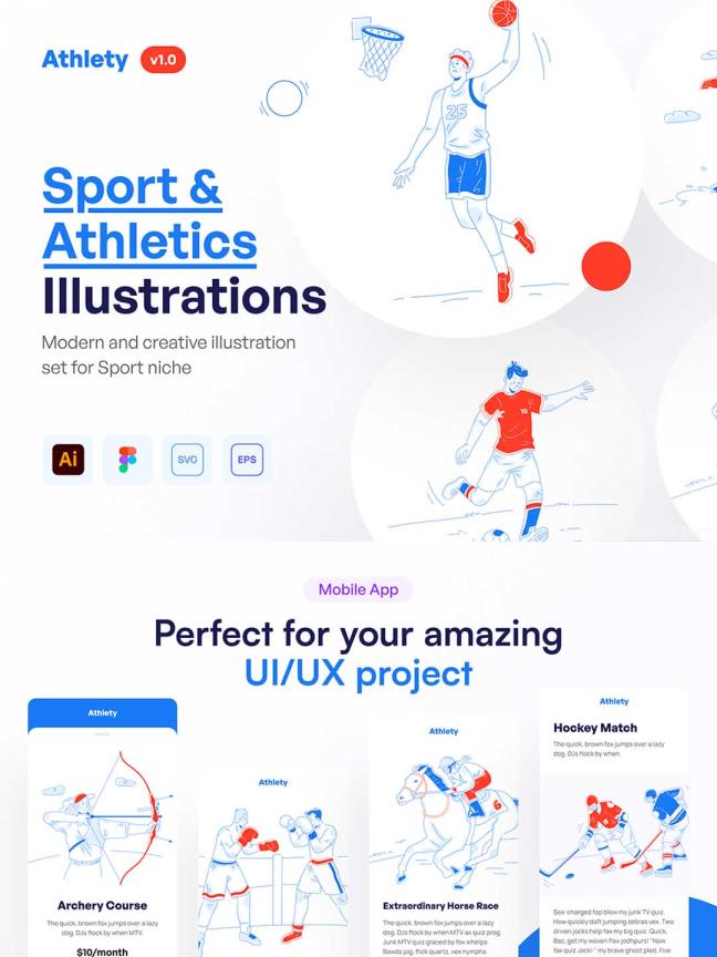 现代体育运动插画套件运营素材库，现代体育项目插画主题集合矢量素材库