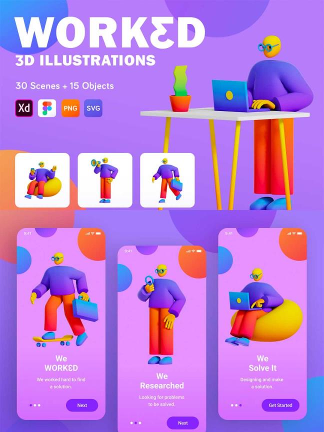 流行渐变色人物工作场景3D插图素材套件xd、svg、png素材下载