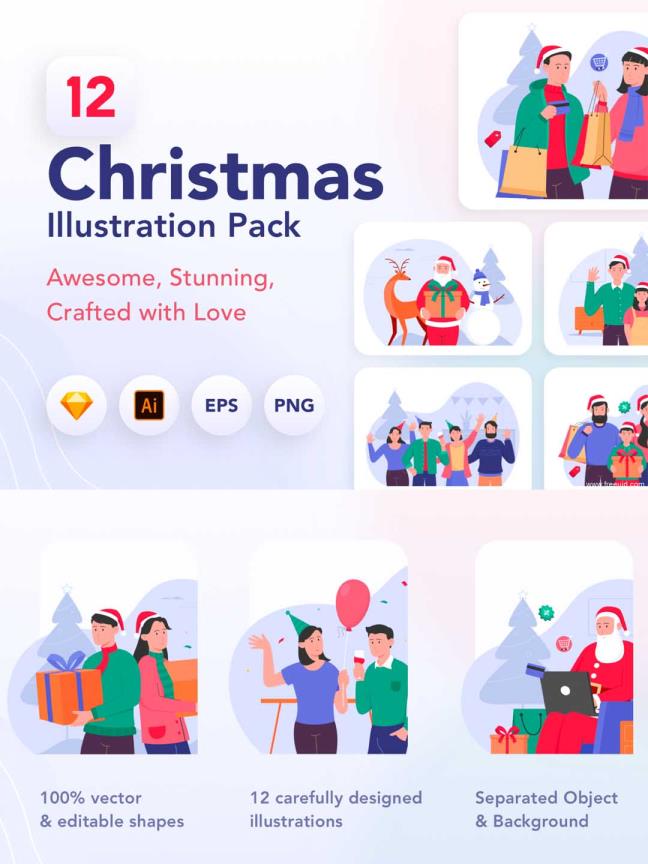 12个圣诞节矢量插画素材、新年插画素材ai+sketch源文件（流行扁平风格）