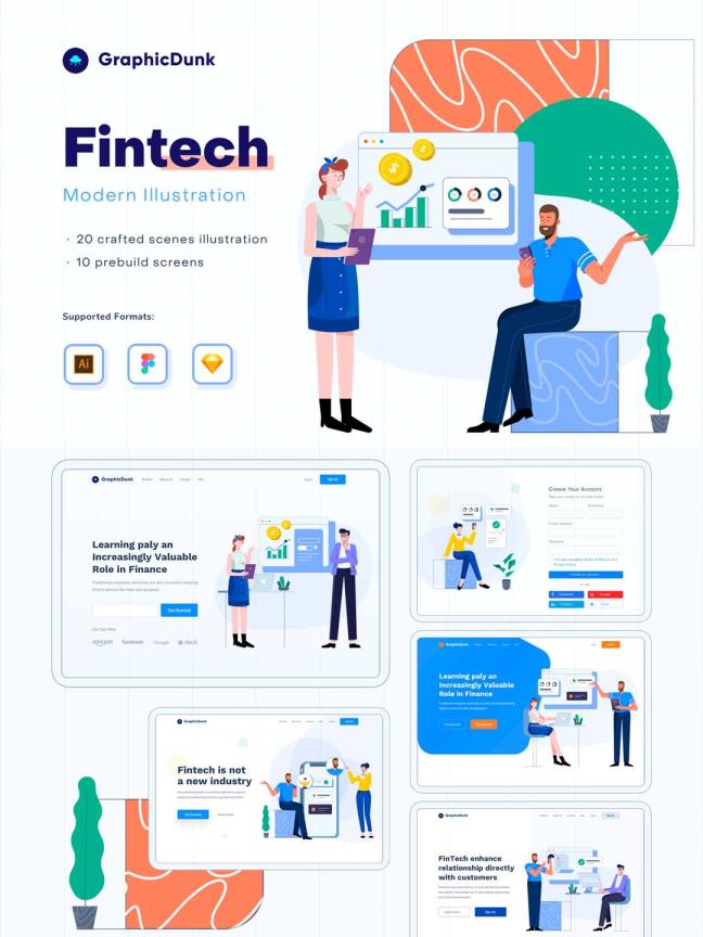 金融场景插画组件库、插画组件库系统 、人物插画sketch、ai、xd源文件下载