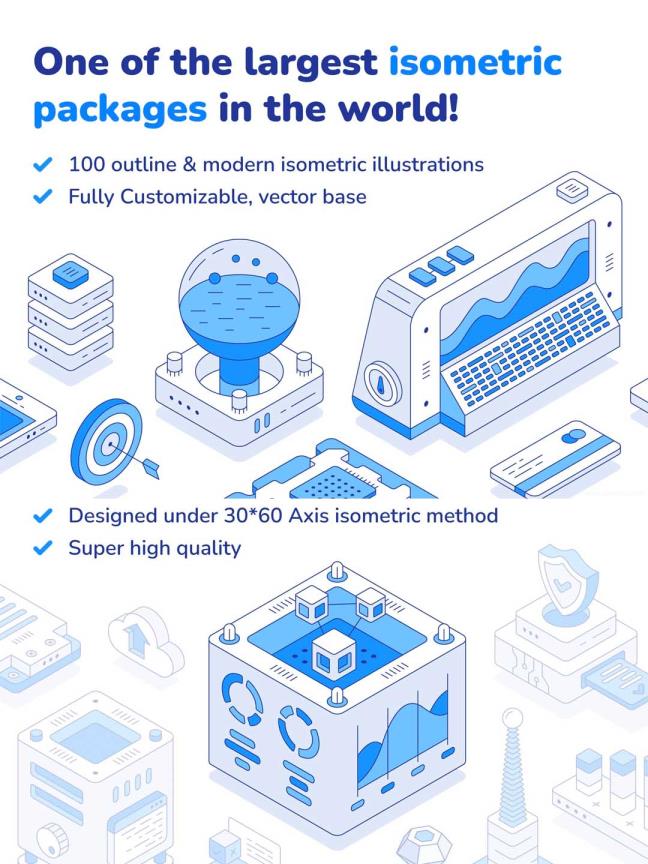 高科技硬件设备线性2.5D插画ai源文件，矢量现代科技设备2.5d插画素材