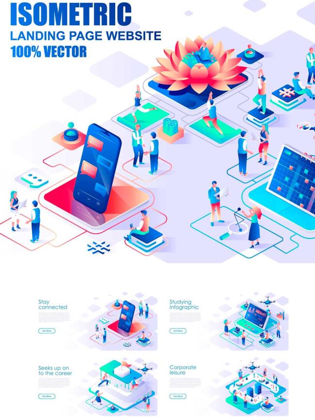 25个2.5D风格场景插画ai源文件，一套矢量2.5d插画原文件下载