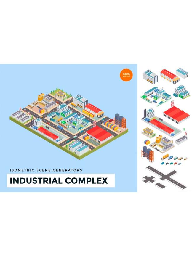 等距2.5D工业工厂复杂矢量场景概念插画 Isometric Industrial Factory Complex Vector Scene