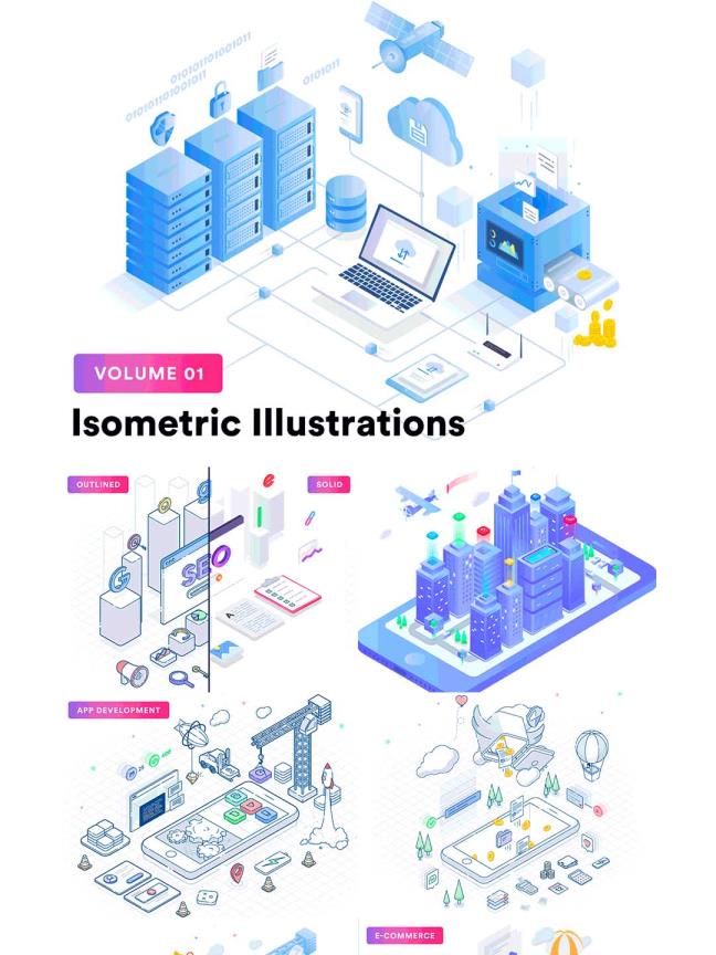 一组2.5D现代城市时尚风格运营插画ai源文件下载，2.5D矢量插画科技、云服务运营场景插画