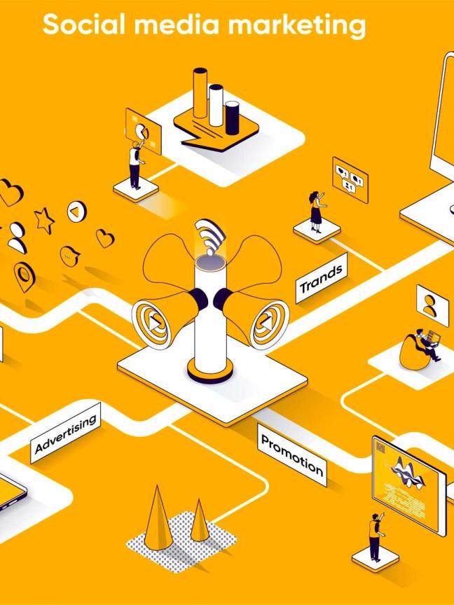 社交媒体市场营销2.5D等距场景Web插画矢量素材