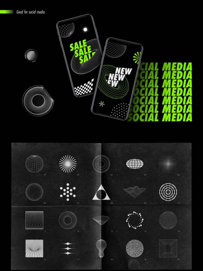 100个酸性设计风格矢量素材源文件，抽象视觉包装psd源文件，酸性设计风矢量视觉包装元素